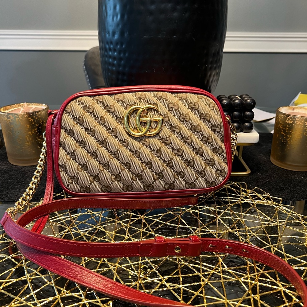 100% Authentic Gucci Marmont Brown GG Canvas with Red Leather